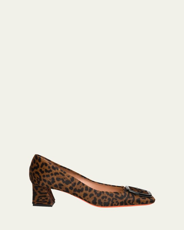 Leopard Block Heel Buckle Pumps